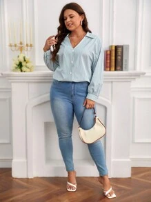 SHEIN Frenchy 大碼條紋印花落肩袖襯衫 - 綠色 - 查看 5