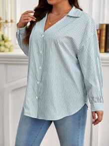 SHEIN Frenchy 大碼條紋印花落肩袖襯衫 - 綠色 - 查看 6