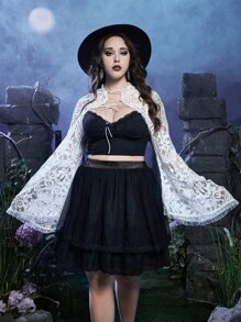 ROMWE Goth Plus Lace Up Front Bell Sleeve Lace Top Without Cami Top - White - View 1