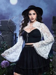 ROMWE Goth Plus Lace Up Front Bell Sleeve Lace Top Without Cami Top - White - View 2