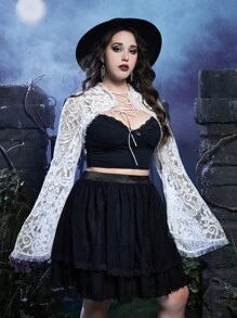 ROMWE Goth Plus Lace Up Front Bell Sleeve Lace Top Without Cami Top - White - View 3