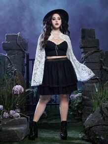 ROMWE Goth Plus Lace Up Front Bell Sleeve Lace Top Without Cami Top - White - View 5