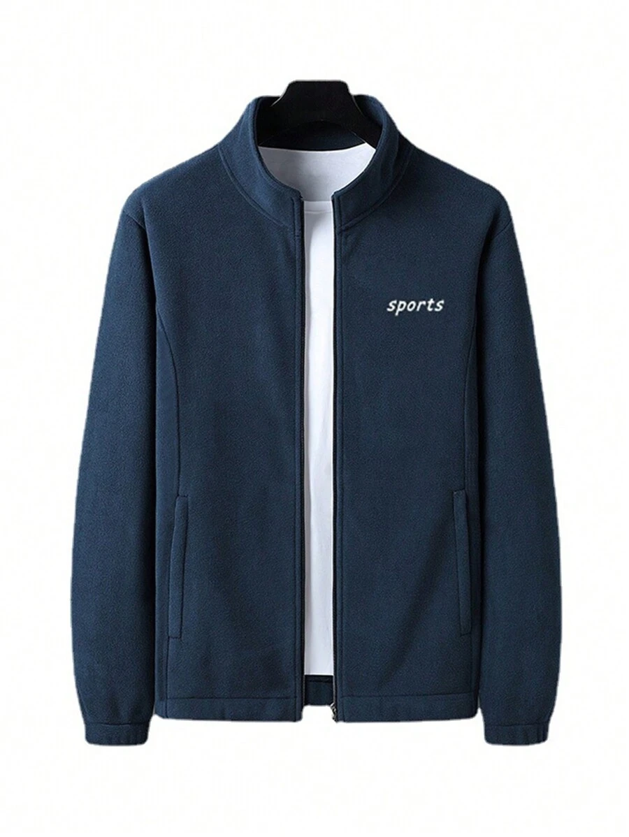 Manfinity Fitness 男士字母圖案拉鏈開襟運動夾克不帶T恤 - 藏蓝色 - 查看 1