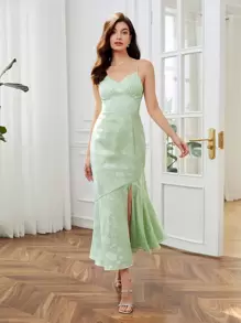 SHEIN Belle 提花高衩魚尾裙下擺伴娘連衣裙 - 薄荷綠 - 查看 1