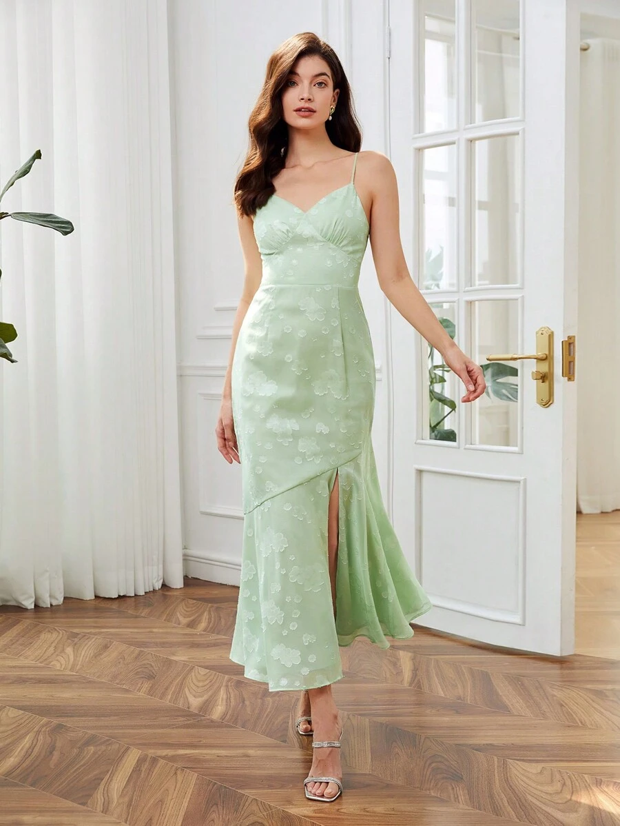SHEIN Belle 提花高衩魚尾裙下擺伴娘連衣裙 - 薄荷綠 - 查看 1