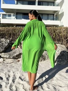 SHEIN SXY 素色前紐扣襯衫&短褲 - 綠色 - 查看 2