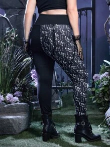 Corpse Bride | ROMWE Plus Skeleton Print Wide Waistband Leggings - Black - View 3