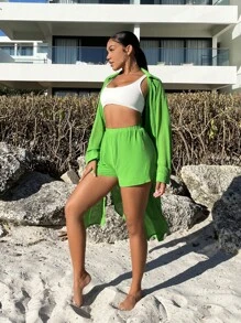 SHEIN SXY 素色前紐扣襯衫&短褲 - 綠色 - 查看 3