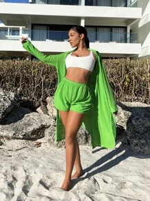 SHEIN SXY 素色前紐扣襯衫&短褲 - 綠色 - 查看 1