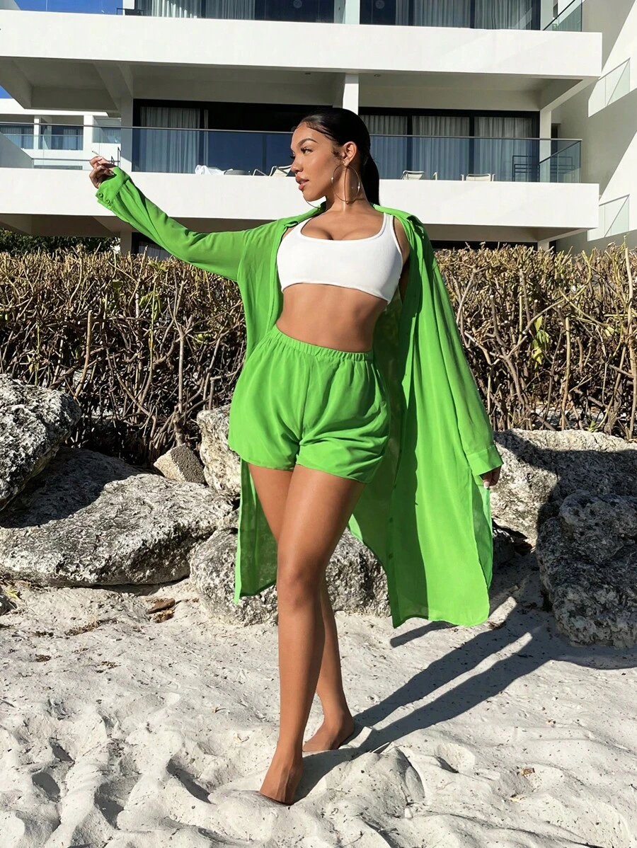SHEIN SXY 素色前紐扣襯衫&短褲 - 綠色 - 查看 1