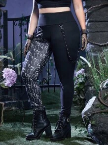 Corpse Bride | ROMWE Plus Skeleton Print Wide Waistband Leggings - Black - View 5