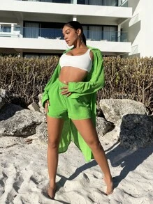 SHEIN SXY 素色前紐扣襯衫&短褲 - 綠色 - 查看 5