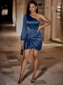 VaVaBold One Shoulder Cut Out Knot Side Satin Bodycon Dress - Blue - View 1