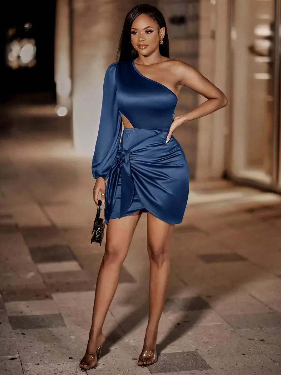VaVaBold One Shoulder Cut Out Knot Side Satin Bodycon Dress - Blue - View 1