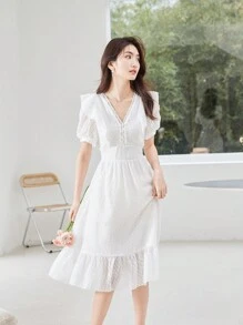 Solid Puff Sleeve Ruffle Hem Dress - White - View 1