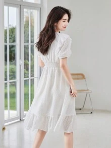 Solid Puff Sleeve Ruffle Hem Dress - White - View 2