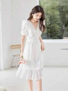 Solid Puff Sleeve Ruffle Hem Dress - White - View 3