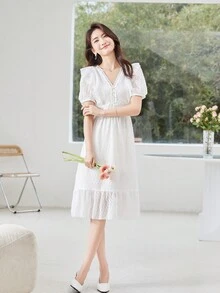 Solid Puff Sleeve Ruffle Hem Dress - White - View 4