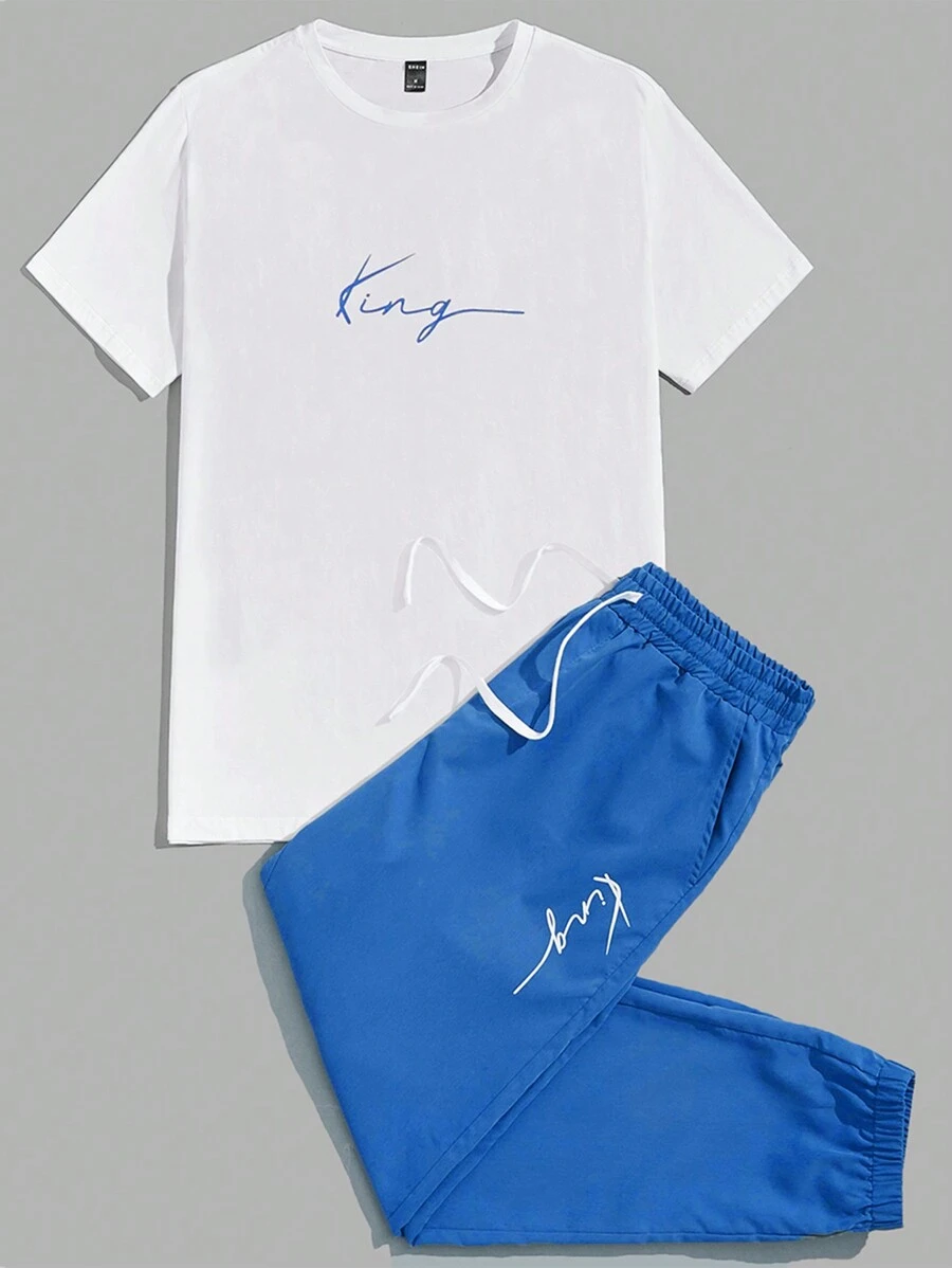 GENTILAND Men Cotton Letter Graphic Tee & Drawstring Waist Pants - Royal Blue - View 1