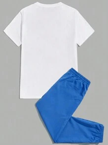 GENTILAND Men Cotton Letter Graphic Tee & Drawstring Waist Pants - Royal Blue - View 2