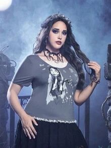 Corpse Bride | ROMWE Hơn Đồ họa Hình Ren tương phản Áo thun - Xám - Xem 3