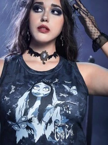 Corpse Bride | ROMWE 大碼紮染人像圖案背心上衣 - 彩色 - 查看 5