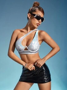 SHEIN ICON 鐳射鏤空單肩短款上衣 - 銀色 - 查看 2