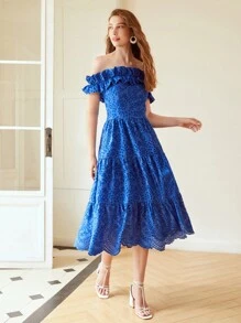 MOTF PREMIUM OFF-SHOULDER RUFFLE SCHIFFY DRESS,SUMMER OUTFITS FOR BEACH VACATION - Blue - View 2