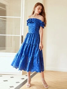 MOTF PREMIUM OFF-SHOULDER RUFFLE SCHIFFY DRESS,SUMMER OUTFITS FOR BEACH VACATION - Blue - View 4