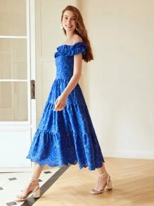 MOTF PREMIUM OFF-SHOULDER RUFFLE SCHIFFY DRESS,SUMMER OUTFITS FOR BEACH VACATION - Blue - View 5