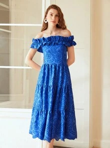 MOTF PREMIUM OFF-SHOULDER RUFFLE SCHIFFY DRESS,SUMMER OUTFITS FOR BEACH VACATION - Blue - View 6