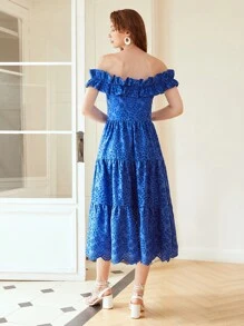 MOTF PREMIUM OFF-SHOULDER RUFFLE SCHIFFY DRESS,SUMMER OUTFITS FOR BEACH VACATION - Blue - View 7