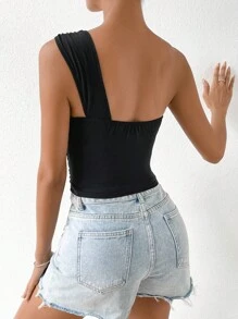 Chiquease 單肩側收褶短款上衣 - 黑色 - 查看 2