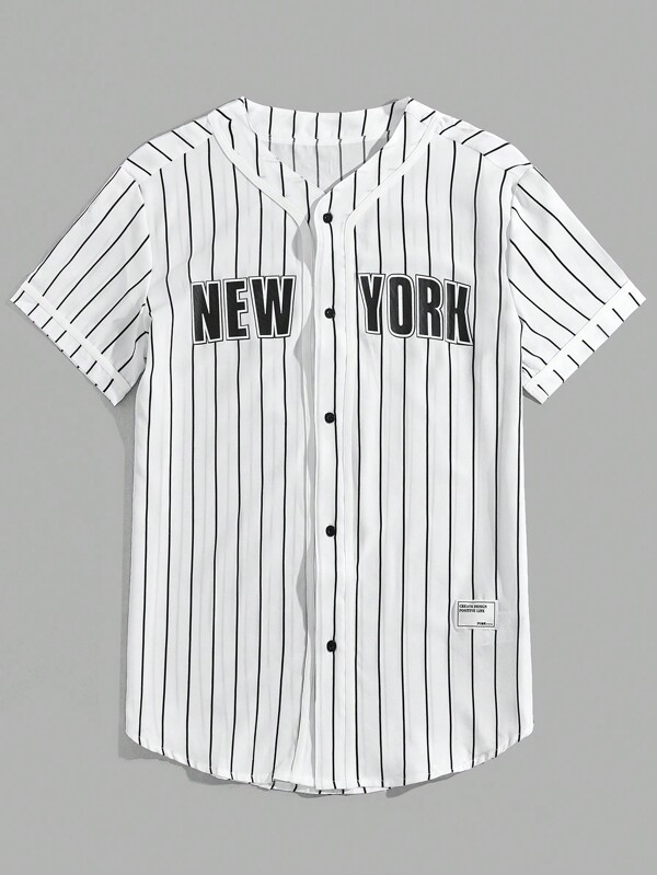 Manfinity BRENVOR Camiseta de béisbol para hombre con detalles de parche con rayas y gráfico de letras