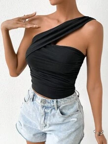 Chiquease 單肩側收褶短款上衣 - 黑色 - 查看 7