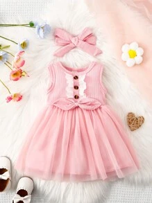 SHEIN Váy lưới vá đơn giản mùa hè cho bé gái - Màu Hồng baby - Xem 1