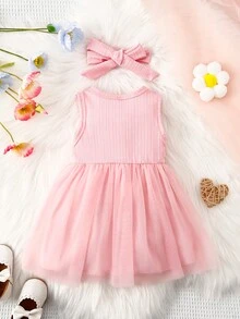SHEIN Váy lưới vá đơn giản mùa hè cho bé gái - Màu Hồng baby - Xem 2