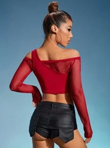 SHEIN ICON Ripped Asymmetrical Neck Crop Top & Mesh Top - Red - View 2