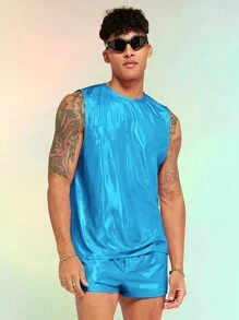 FeverCity 男士素色背心上衣&金屬質感短褲 - 薄荷藍 - 查看 1