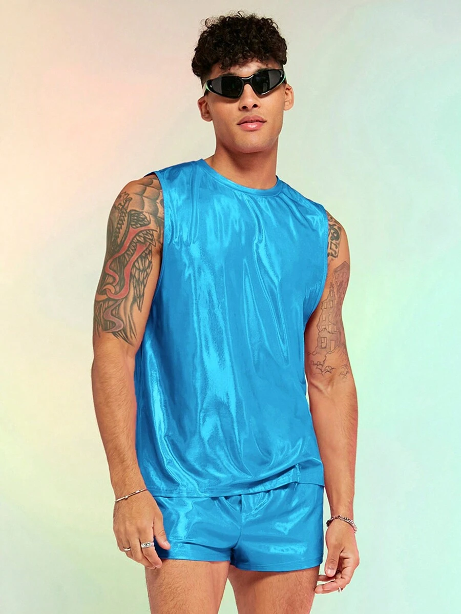 FeverCity 男士素色背心上衣&金屬質感短褲 - 薄荷藍 - 查看 1