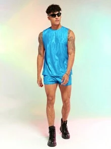 FeverCity 男士素色背心上衣&金屬質感短褲 - 薄荷藍 - 查看 3
