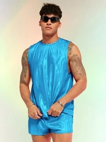 FeverCity 男士素色背心上衣&金屬質感短褲 - 薄荷藍 - 查看 4
