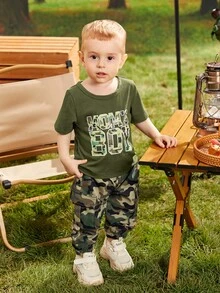 Đứa bé trai Đồ họa Chữ cái Áo thun & Camo In Quần Cargo - xanh quân đội - Xem 3