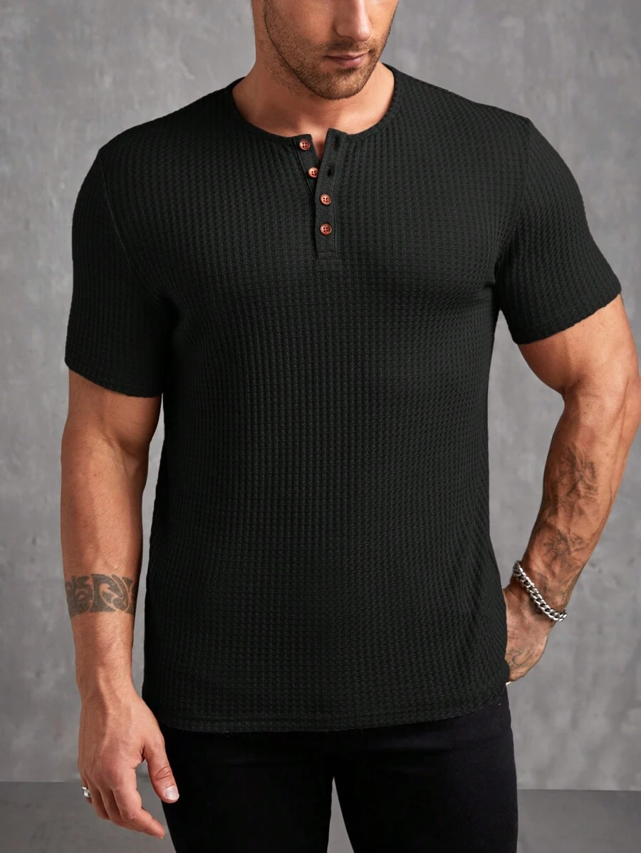 Manfinity VCAY Áo thun & Áo lót Nam Nút phía trước màu trơn Giải trí - màu đen - Xem 1