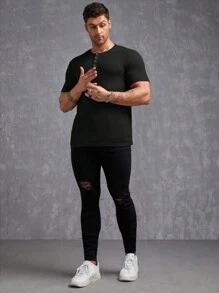 Manfinity VCAY Áo thun & Áo lót Nam Nút phía trước màu trơn Giải trí - màu đen - Xem 3