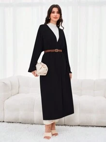 Al Najma Solid Open Front Modest Long Sleeve Arabian Abaya - Black - View 5