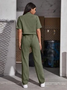 Seusyu Corduroy Flap Pocket Blouse & Pants 2 Piece Set