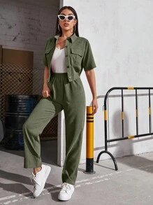 Seusyu Corduroy Flap Pocket Blouse & Pants 2 Piece Set