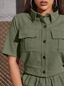 Seusyu Corduroy Flap Pocket Blouse & Pants 2 Piece Set