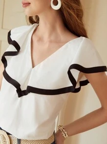 MOTF PREMIUM CONTRAST RUFFLE BLOUSE - Black and White - View 4